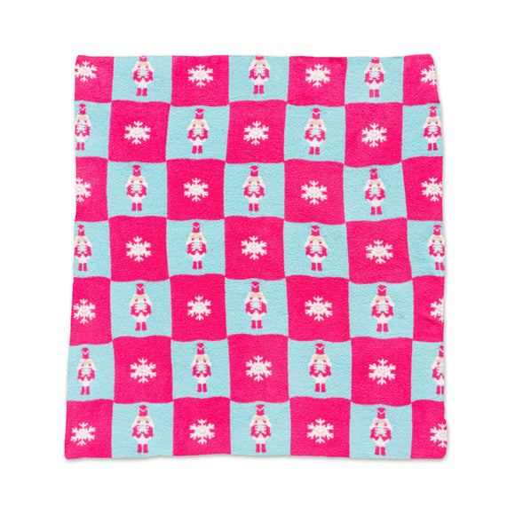 Throw Blanket - Checkered w/ Nutcrackers & Snowflakes - Pink